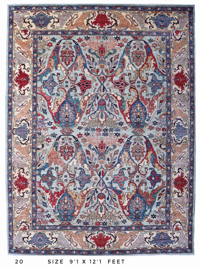 Hand-knotted Turkish Oushak rug with rich, fade-resistant colors.