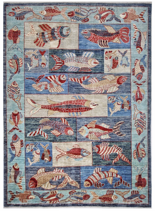 "Intricately designed fish pattern wool rug, perfect for ocean-themed spaces, featuring blue and red tones, 4'11 x 6'10