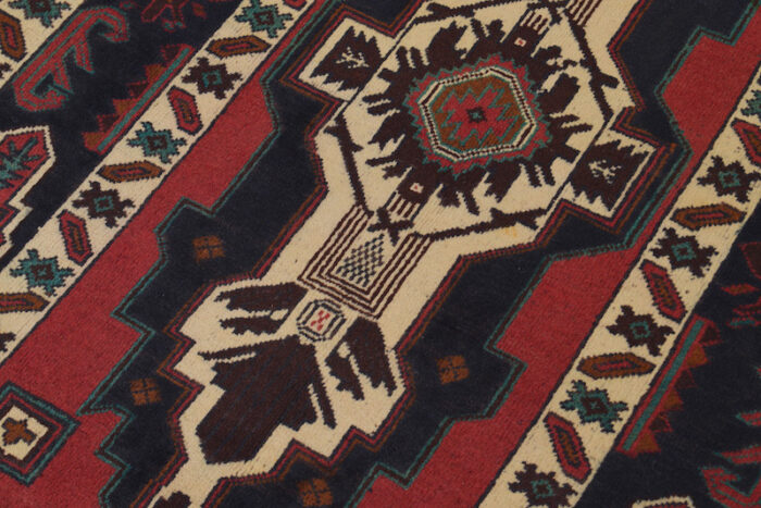 Traditional Afghan Baluch rug, 5'2 x 3'1 feet, featuring handcrafted geometric motifs. Washable and perfect for living rooms, bedrooms, and offices."