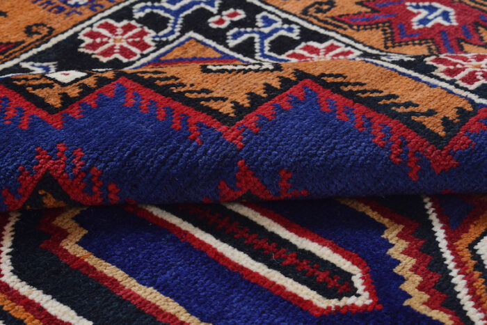 Vintage village-made Afghan tribal rug 6'9 x 4'3 ft with bold geometric patterns in royal blue, rust, and ivory. Handwoven and durable wool rug