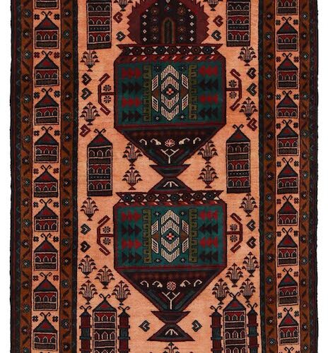 Handwoven Afghan Baluchi rug 6'1 x 3'5 ft – animal-friendly, stain-resistant wool with traditional tribal motifs.