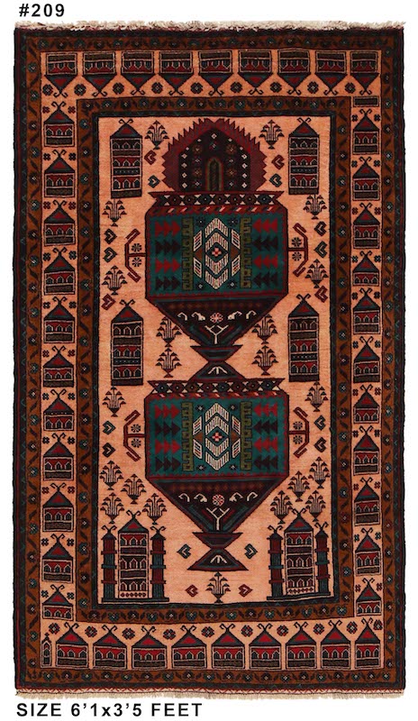 Handwoven Afghan Baluchi rug 6'1 x 3'5 ft – animal-friendly, stain-resistant wool with traditional tribal motifs.