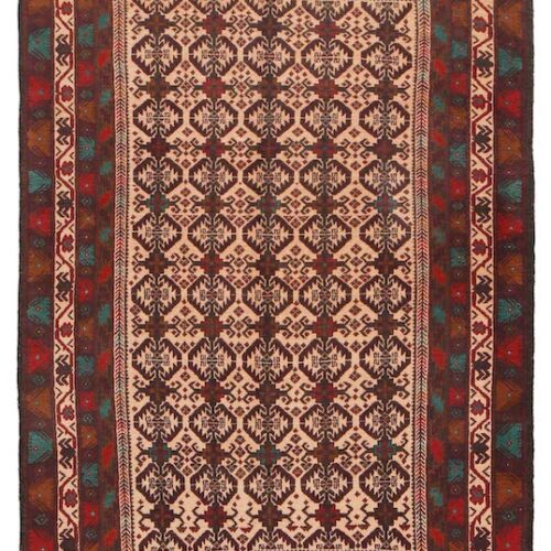 Handwoven Afghan Baluch rug 6'4 x 4'0 ft in ivory and deep brown with intricate geometric patterns. Available in San Francisco, Berkeley, and San Rafael."