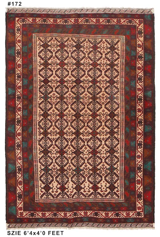 Handwoven Afghan Baluch rug 6'4 x 4'0 ft in ivory and deep brown with intricate geometric patterns. Available in San Francisco, Berkeley, and San Rafael."