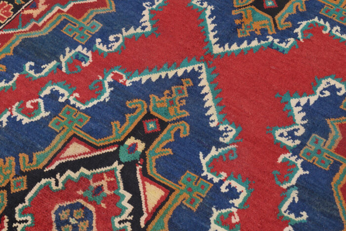 Authentic Afghan tribal rug in deep red, blue, and beige with traditional medallion motifs. 6'8 x 3'10 ft handmade wool rug, perfect for Sausalito homes