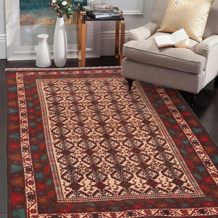 Authentic Afghan tribal rug in ivory, rust, and dark brown with a bold geometric design. 6'4 x 4'0 ft handmade wool carpet, perfect for modern and traditional interiors