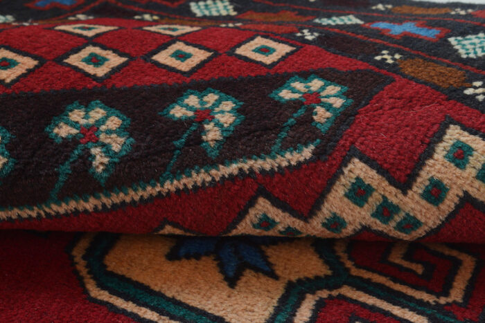 Authentic Afghan tribal rug in red, black, and beige with bold diamond patterns. 4'6 x 2'10 ft handmade wool carpet, perfect for modern and traditional interiors."