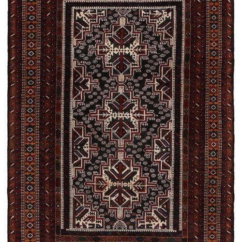 "Authentic handwoven Baluchi rug – washable wool, sustainable, and crafted with intricate border details