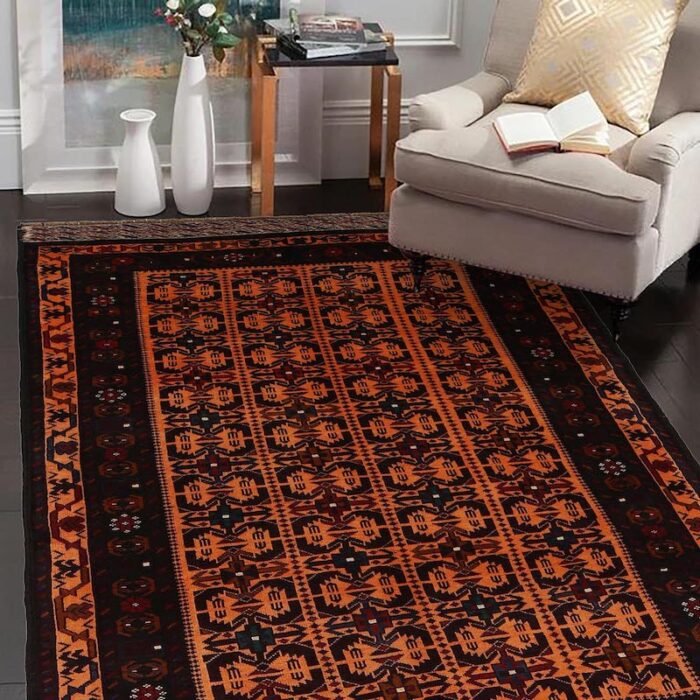 Authentic Afghan tribal rug in rust, brown, and navy with a bold geometric design. 6'3 x 4'0 ft handmade wool carpet, perfect for modern and traditional interiors