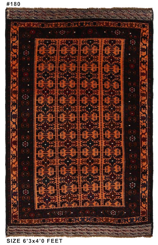 Traditional Afghan wool rug with geometric medallion designs in rust, brown, and black. 6'3 x 4'0 ft, perfect for living rooms, offices, and hallways