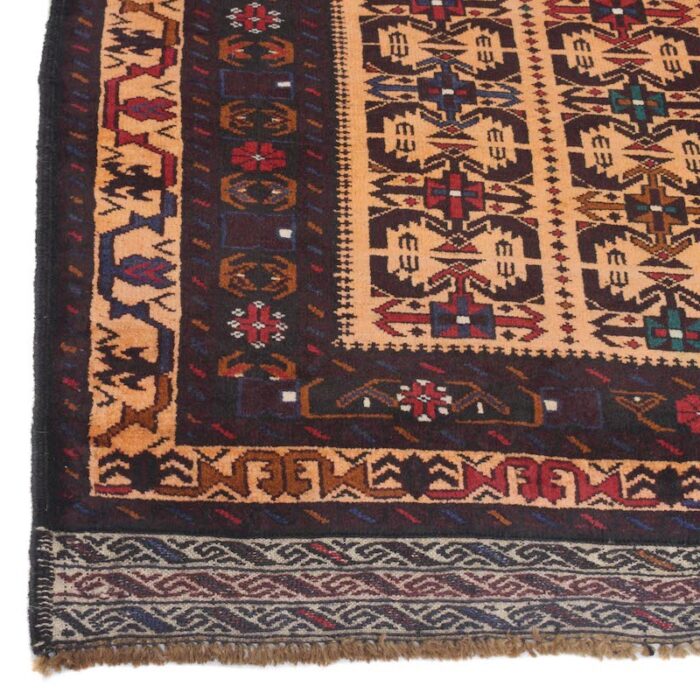 Geometric Afghan tribal rug with a rust-orange base and rich brown patterns. 6'3 x 4'0 ft, available in San Rafael, Berkeley, and Walnut Creek showrooms."