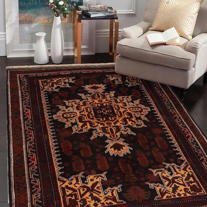 Authentic Afghan tribal rug in dark brown, rust, and beige with bold geometric patterns. 6'3 x 4'2 ft handmade wool carpet, perfect for traditional and modern interiors in Moraga, CA.