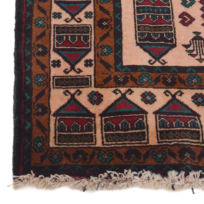 Vintage Baluchi rug with intricate mosque and urn patterns, crafted from durable, animal-friendly wool.