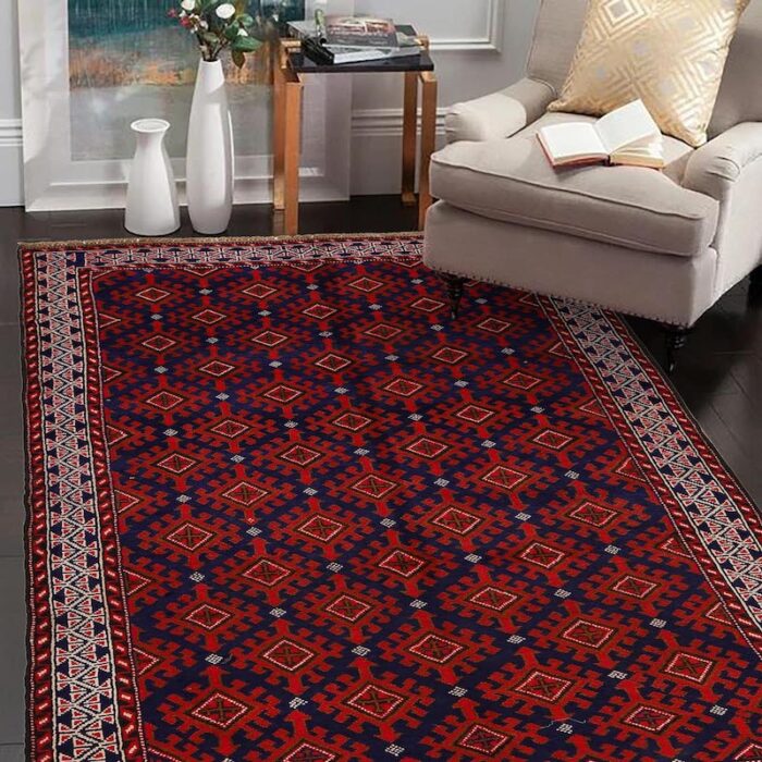 Geometric Afghan tribal rug with a rich color palette of navy, red, and beige. A perfect addition to living rooms, bedrooms, and office spaces.