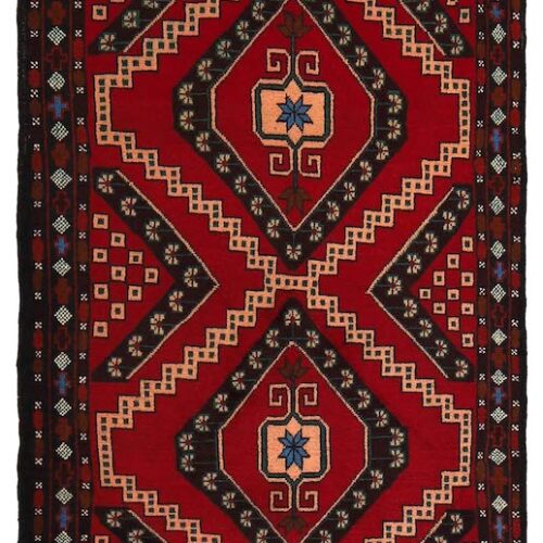 Handwoven Baluchi tribal rug in red and black with an elegant geometric pattern. 4'6 x 2'10 ft durable wool rug, ideal for high-traffic areas and cozy spaces.