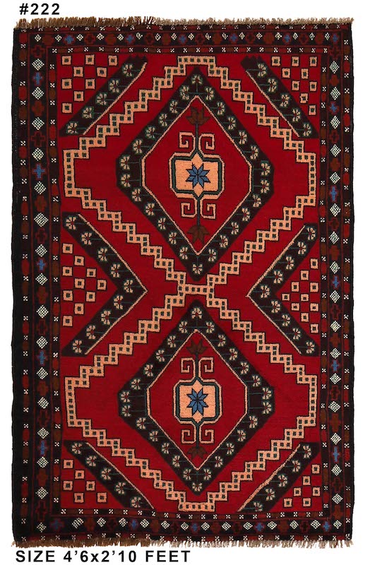 Handwoven Baluchi tribal rug in red and black with an elegant geometric pattern. 4'6 x 2'10 ft durable wool rug, ideal for high-traffic areas and cozy spaces.