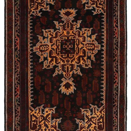 Authentic Afghan tribal wool rug with bold medallion patterns in brown, gold, and ivory. 6'3 x 4'2 ft, washable and available with free USA shipping to Moraga, CA."