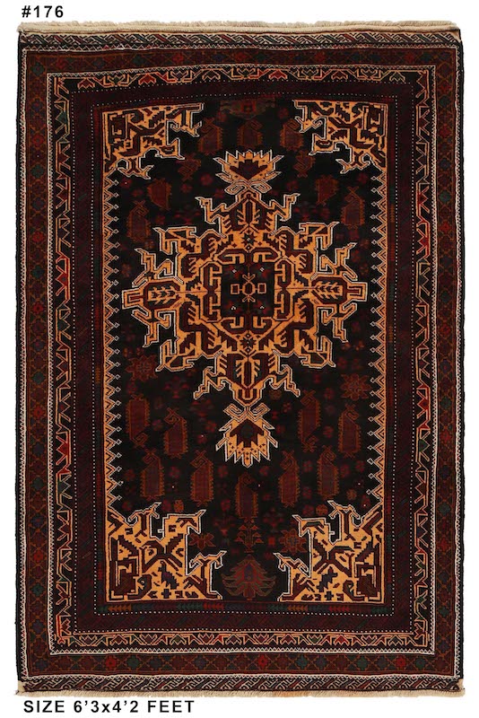 Authentic Afghan tribal wool rug with bold medallion patterns in brown, gold, and ivory. 6'3 x 4'2 ft, washable and available with free USA shipping to Moraga, CA."