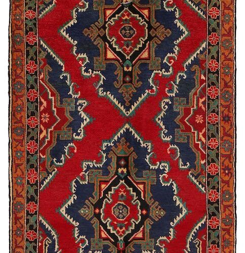 Traditional Afghan wool rug with bold geometric designs in red, navy, and beige. 6'8 x 3'10 ft, ideal for living rooms, offices, and hallways in Sausalito