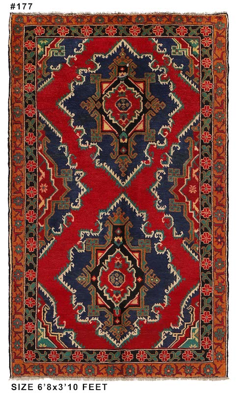 Traditional Afghan wool rug with bold geometric designs in red, navy, and beige. 6'8 x 3'10 ft, ideal for living rooms, offices, and hallways in Sausalito