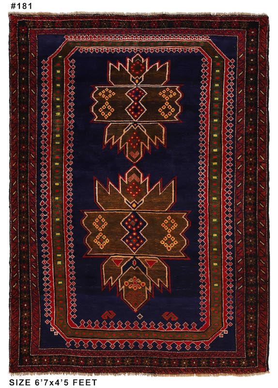 Handwoven Afghan Baluch rug 6'7 x 4'5 ft in deep navy blue with intricate geometric floral motifs. Available in San Francisco, Berkeley, and San Rafael."