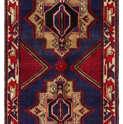 raditional Afghan wool rug with geometric diamond medallions in red, black, and ivory. 4'6 x 2'10 ft, perfect for living rooms, offices, and hallways.