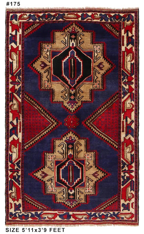 raditional Afghan wool rug with geometric diamond medallions in red, black, and ivory. 4'6 x 2'10 ft, perfect for living rooms, offices, and hallways.