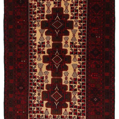 Hand-knotted Afghan tribal rug with classic Baluchi patterns, made from premium wool in deep red, brown, and ivory. Soft, durable, and easy to clean."