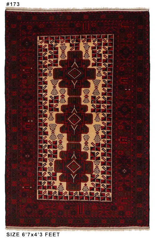 Hand-knotted Afghan tribal rug with classic Baluchi patterns, made from premium wool in deep red, brown, and ivory. Soft, durable, and easy to clean."