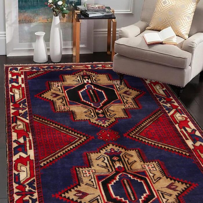 Handwoven Baluchi tribal rug in red and black with elegant geometric patterns. 4'6 x 2'10 ft durable wool rug, ideal for high-traffic areas and cozy spaces.