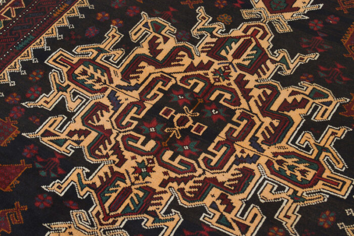 Handwoven Baluchi tribal rug in dark brown and rust with elegant geometric designs. 6'3 x 4'2 ft durable wool rug, perfect for high-traffic areas in Moraga, CA."