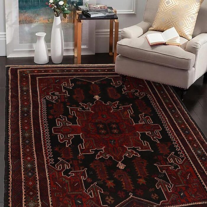 Animal-friendly Afghan Baluchi rug with bold black and crimson details, perfect for high-traffic areas.