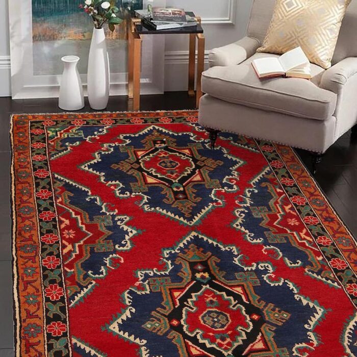 "Handwoven Baluchi tribal rug in red and blue with elegant geometric accents. 6'8 x 3'10 ft wool rug, perfect for high-traffic areas and cozy spaces in Sausalito, CA