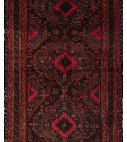 Authentic Afghan Baluch rug with bold medallions and intricate tribal borders in black, rust, and red, available in Daly City, CA