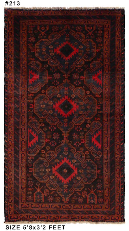 Authentic Afghan Baluch rug with bold medallions and intricate tribal borders in black, rust, and red, available in Daly City, CA