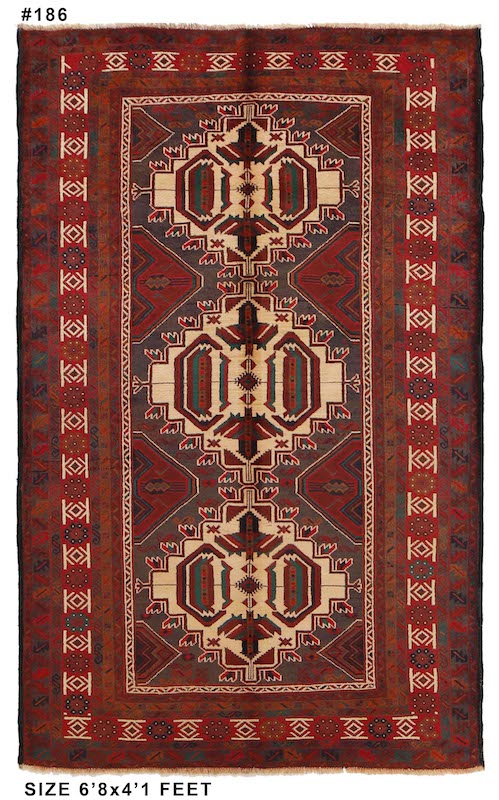 Handwoven tribal rug with symmetrical patterns in ivory, deep red, and dark gray, ideal for living rooms and hallways."