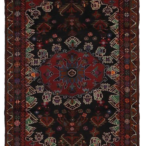 6'1" x 3'7" Afghan Baluchi rug, hand-knotted with premium wool, featuring stunning red, navy, and ivory tribal patterns