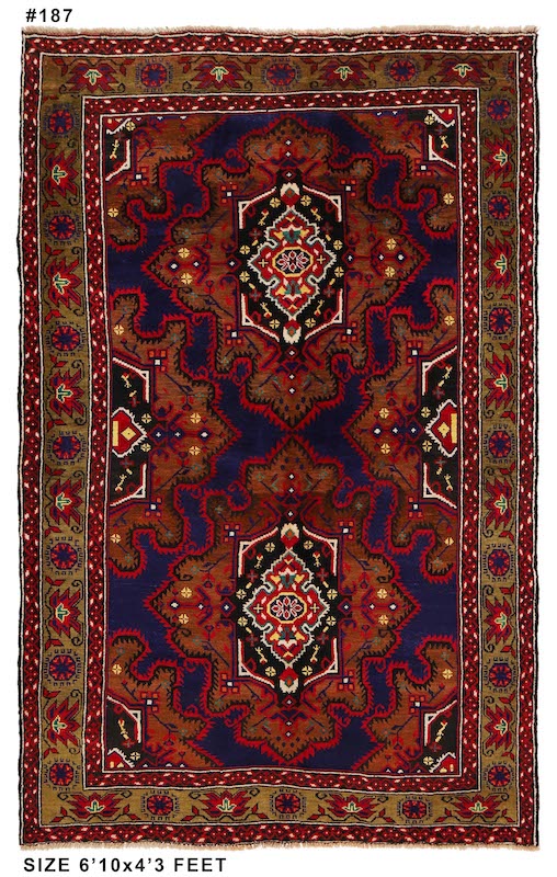 Handwoven tribal rug with symmetrical patterns in deep blue, burgundy, and beige, ideal for living rooms and hallways."