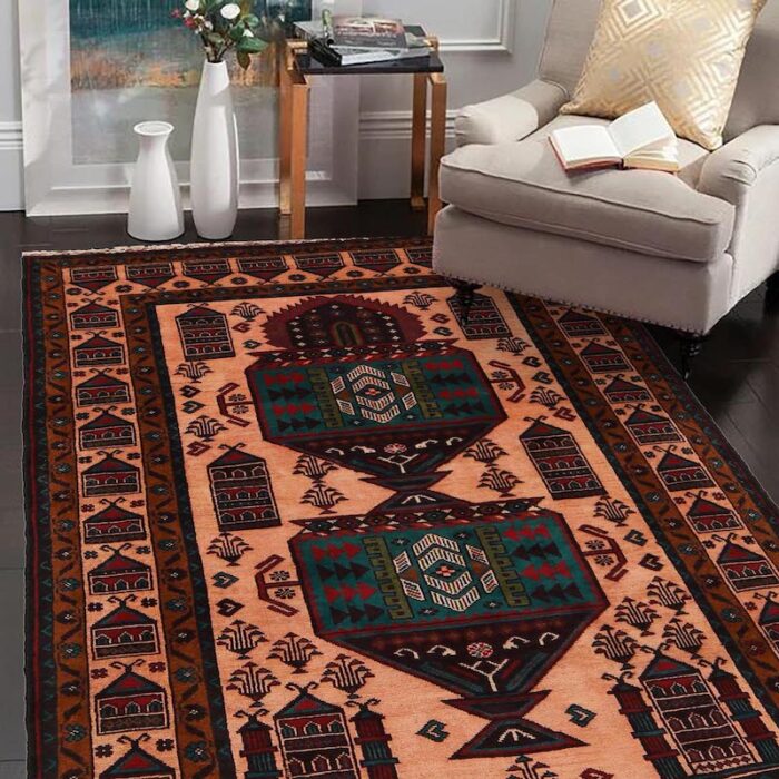 Authentic handwoven Baluchi rug with mosque-inspired motifs, crafted from stain-resistant wool."