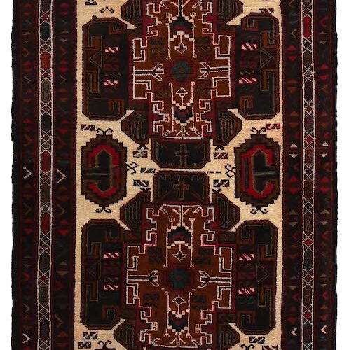 Authentic handmade Afghan Baluch rug with rich colors and intricate details. Available in San Francisco, Berkeley, and San Rafael showrooms