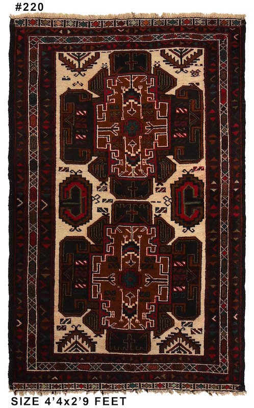 Authentic handmade Afghan Baluch rug with rich colors and intricate details. Available in San Francisco, Berkeley, and San Rafael showrooms