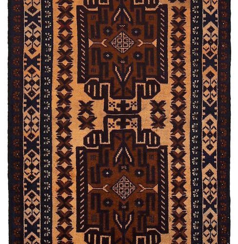 Village-made Afghan Baluchi rug in warm beige, dark brown, and rust tones. 4'8 x 2'9 ft, available for purchase in Berkeley, San Rafael, and San Francisco