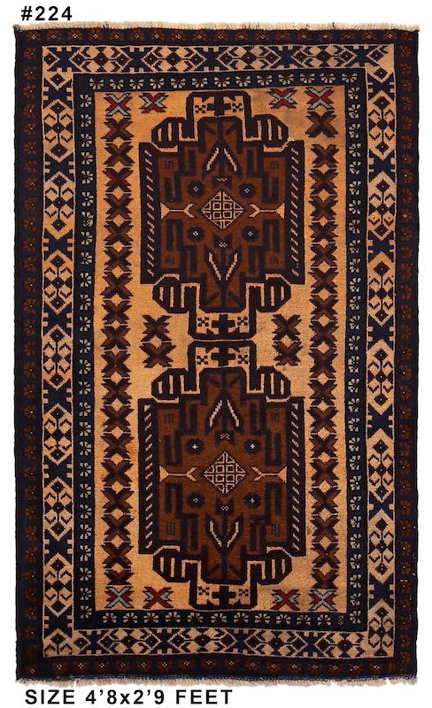 Village-made Afghan Baluchi rug in warm beige, dark brown, and rust tones. 4'8 x 2'9 ft, available for purchase in Berkeley, San Rafael, and San Francisco