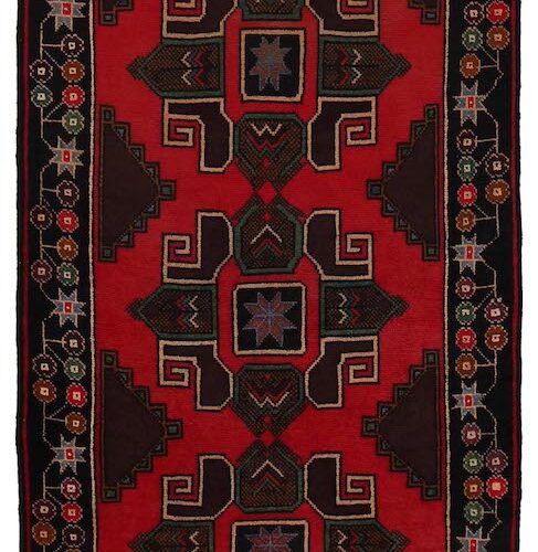 Village-made Afghan Baluchi rug in deep red, dark brown, and golden accents. 4'7 x 2'10 ft, available for purchase in Berkeley, San Rafael, and San Francisco