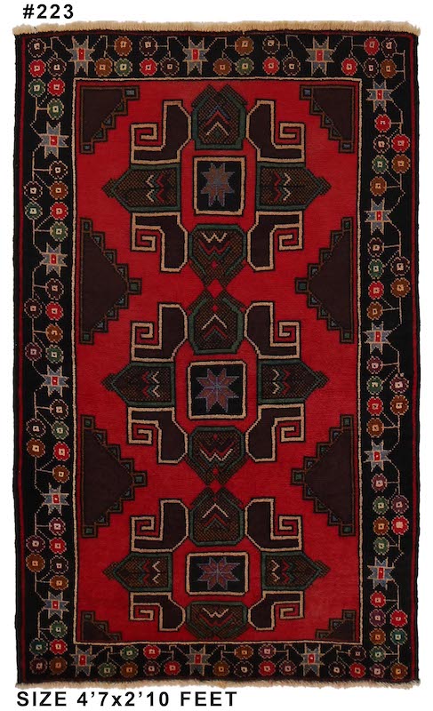 Village-made Afghan Baluchi rug in deep red, dark brown, and golden accents. 4'7 x 2'10 ft, available for purchase in Berkeley, San Rafael, and San Francisco