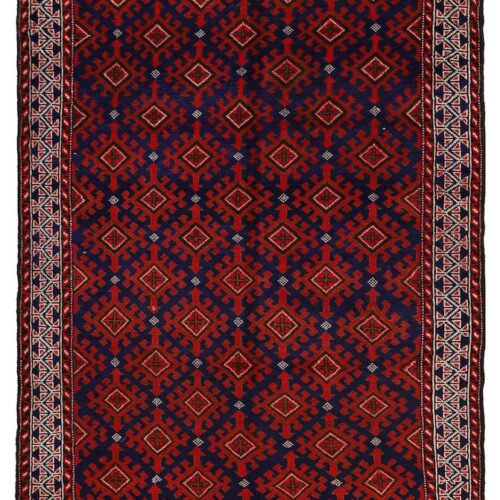 Handwoven Baluchi tribal rug 6'5 x 4'1 ft, crafted with fine wool in deep blue and warm red hues. Soft, durable, and easy to clean.