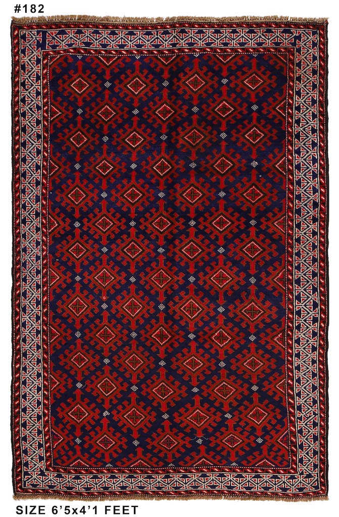 Handwoven Baluchi tribal rug 6'5 x 4'1 ft, crafted with fine wool in deep blue and warm red hues. Soft, durable, and easy to clean.