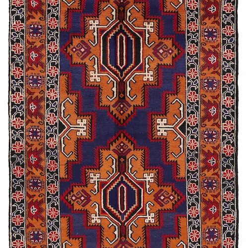 Geometric Afghan Baluchi rug with a blue base and decorative rust orange and ivory patterns, perfect for classic interiors.