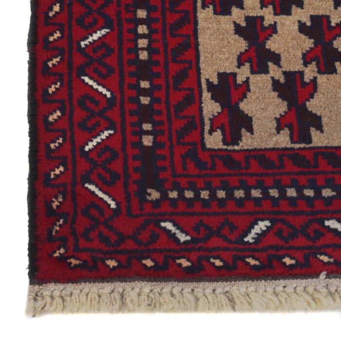 Handwoven 4.4x3 ft Afghan Baluch rug featuring geometric tribal patterns. Durable, affordable, and a perfect fit for traditional or modern decor."