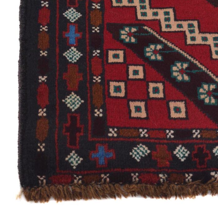 Village-made Afghan Baluchi rug in red, black, and beige tones. 4'6 x 2'10 ft, available for purchase in Berkeley, San Rafael, and San Francisco